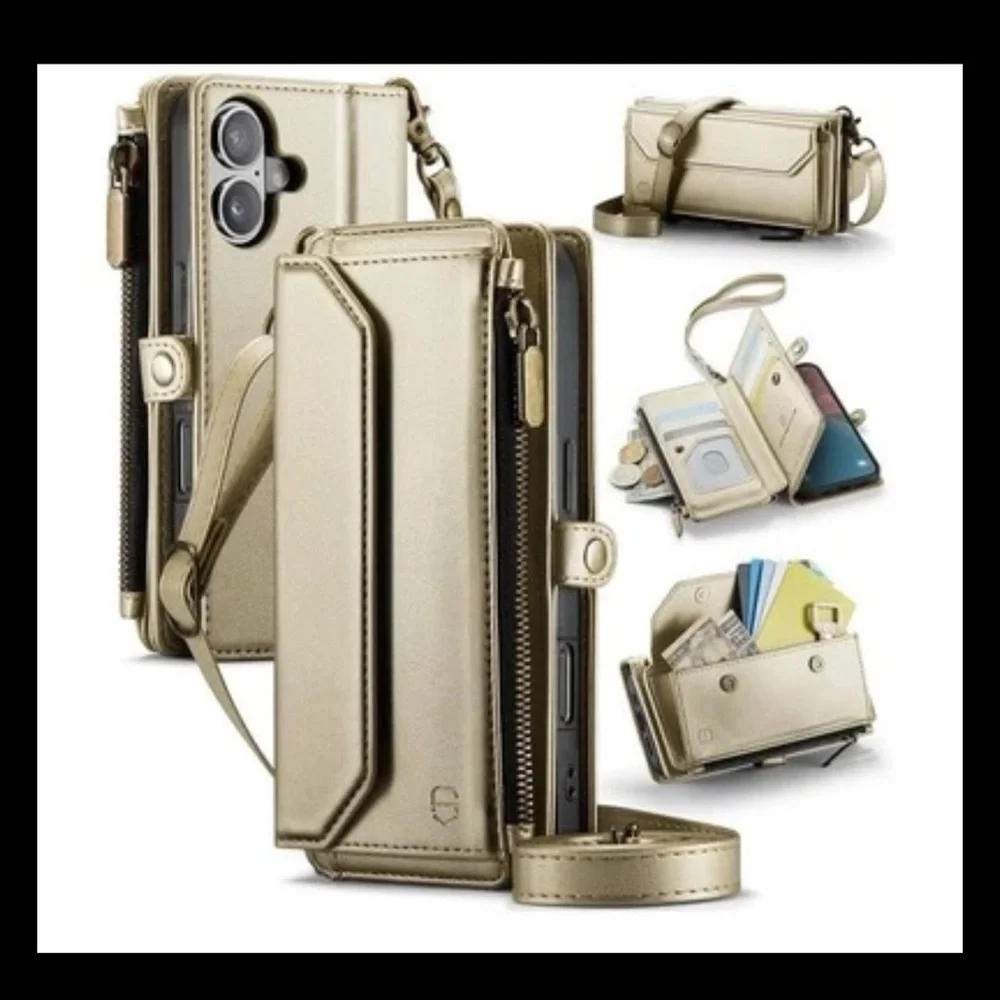 iPhone 16 plus Gold Wallet Phone Case with Crossbody and Wristlet Strap